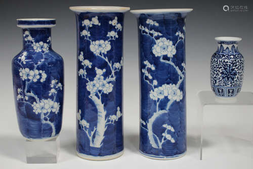 A pair of Chinese blue and white porcelain cylindrical vases, mark of Kangxi but late 19th