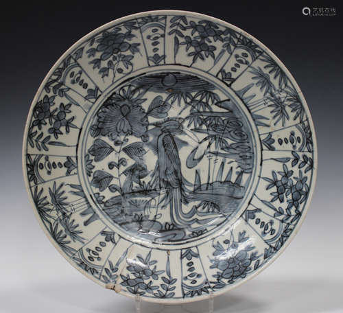 A Chinese Swatow blue and white porcelain circular dish, late Ming dynasty, probably Wanli period,