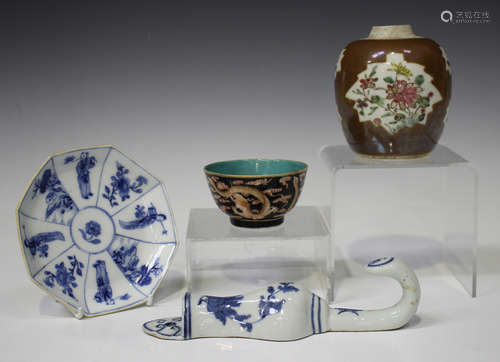 A small group of Chinese porcelain, 18th century and later, comprising an iron red enamelled black