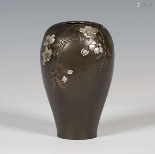 A Japanese brown patinated bronze and mixed metal vase by Asada, Meiji period, of elongated ovoid