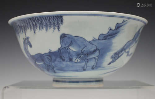 A Chinese blue and white porcelain circular bowl, mark of Qianlong and possibly of the period, the