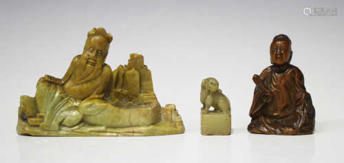 A Chinese soapstone miniature seal, probably late Qing dynasty, carved and pierced with Buddhistic