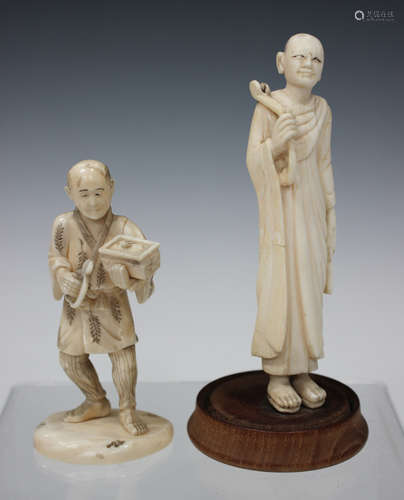 A Japanese carved ivory okimono figure of a man tending a bonsai, Meiji period, holding a pair of