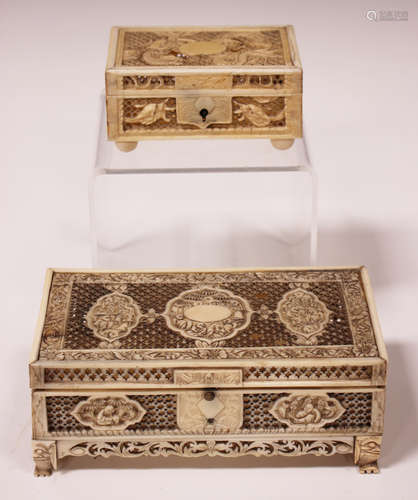 A Chinese Canton export ivory rectangular box, mid to late 19th century, the hinge lid and sides