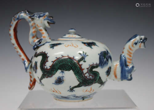 A Chinese Ming style wucai porcelain teapot and cover, mark of Wanli but later, the bulbous body