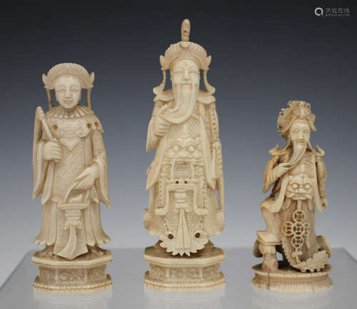 A group of three Chinese Canton export ivory chess pieces, 19th century, comprising a king and queen