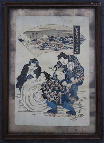 Two Japanese woodblock oban tateye prints, late Edo period, one depicting a bijin and two