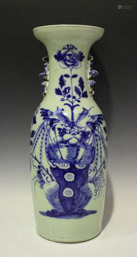 A Chinese blue painted celadon glazed porcelain vase, early 20th century, the shouldered body and