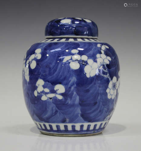 A Chinese blue and white porcelain ginger jar and cover, mark of Kangxi but late 19th century,