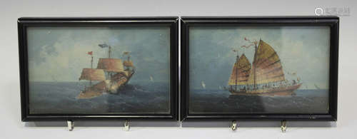 A pair of Chinese export paintings, late Qing dynasty, each depicting a junk in full sail, 10cm x