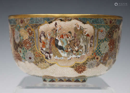 A Japanese Satsuma earthenware bowl, attributed to Meizan, Meiji period, of steep sided circular