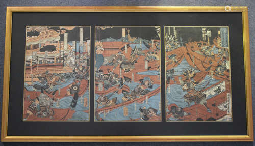 Utagawa Yoshitora - a Japanese polychrome triptych woodblock print, c.1860-80, depicting a sea