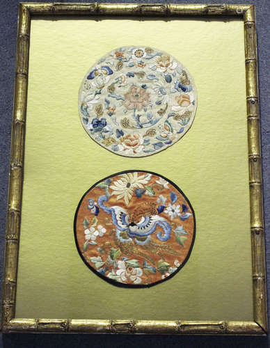 Two Chinese silk embroidered roundels, late Qing dynasty, each worked in gilt and coloured