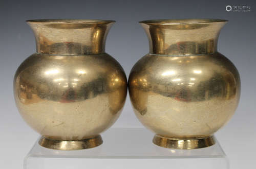 A pair of Chinese polished bronze vases, 20th century, each of globular form with flared neck,