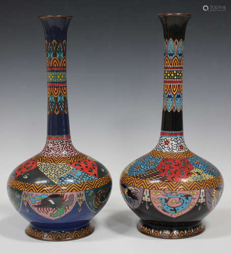 A near pair of Japanese cloisonné bottle vases, Meiji period, each squat globular body and narrow