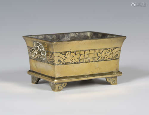 A Chinese polished bronze censer, mark of Xuande but Qing dynasty, of flated rectangular form,