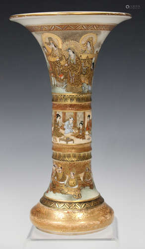 A Japanese Satsuma earthenware trumpet vase by Kinkozan, Meiji period, the exterior painted and gilt