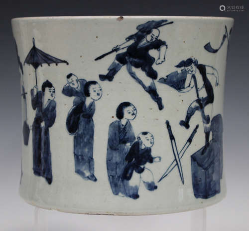 A Chinese blue and white porcelain brushpot, Kangxi style but modern, of slightly waisted