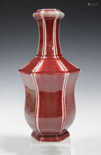 A Chinese sang-de-boeuf glazed porcelain bottle vase, probably 20th century, of hexagonal mallet