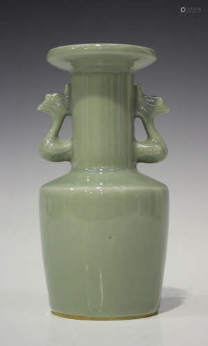 A Chinese celadon glazed porcelain mallet vase, Song style but probably late Qing dynasty, the