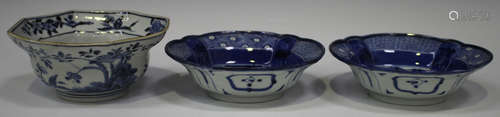 A Japanese blue and white octagonal bowl, 18th century, painted inside and out with birds and