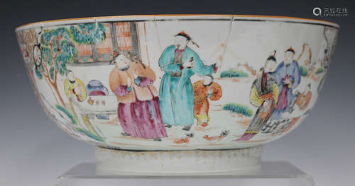 A Chinese famille rose export porcelain punch bowl, Qianlong period, the exterior painted with