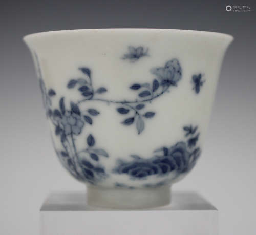 A Chinese blue and white porcelain 'Month' wine cup, mark of Kangxi but later, delicately potted