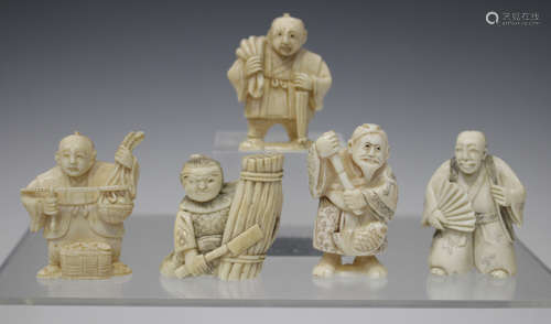 A group of five Japanese carved ivory okimono netsuke, Meiji/Taisho period, each depicting a