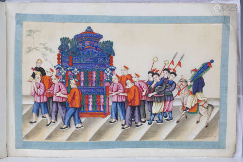 A Chinese Canton silk covered album of twelve export watercolour paintings on rice paper, mid-19th