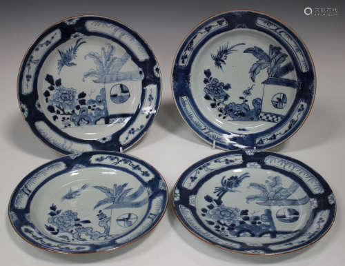 A set of four Chinese blue and white export porcelain 'Cuckoo in the House' pattern plates, 18th