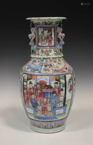 A Chinese Canton famille rose porcelain vase, mid to late 19th century, the ovoid body painted
