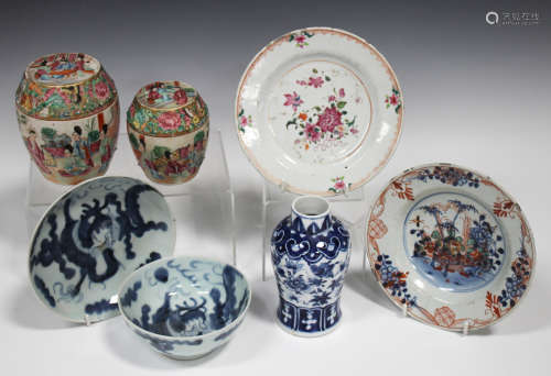 A small group of Chinese porcelain, Qing dynasty, including a blue and white bowl and saucer dish,