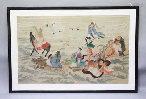 A LARGE EARLY / MID 20TH CENTURY FRAMED CHINESE PAINTING ON SILK OF THE EIGHT IMMORTALS, the frame