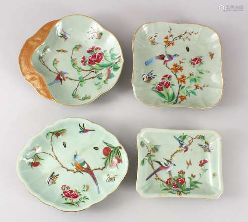 FOUR 19TH CENTURY CHINESE CELADON PORCELAIN DISHES, each dish with celadon ground with decoration