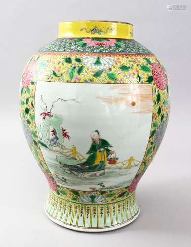 A GOOD 19TH CENTURY FAMMILE JAUNE / ROSE PORCELAIN VASE, the body with two main panels of figures in