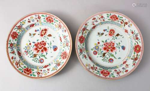 A GOOD PAIR OF 18TH CENTURY CHINESE FAMIlLE ROSE PORCELAIN PLATES, each decorated with native floral