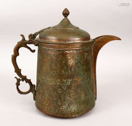 A KASHMIR INDIAN COPPER COFFEE POT, engraved with decorative scrolls, 29.5cm high, 33cm wide.