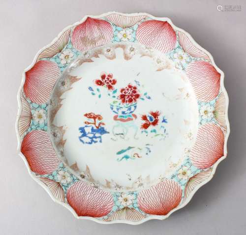 A GOOD CHINESE 18TH CENTURY FAMILLE ROSE PORCELAIN LOBED PLATE, the dish with panel enamel