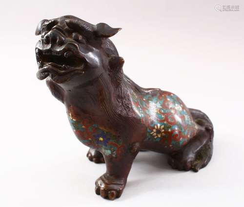 A 19TH CENTURY CHINESE BRONZE & CLOISONNE MODEL OF A LION DOG, the dog in a seatd position bearing