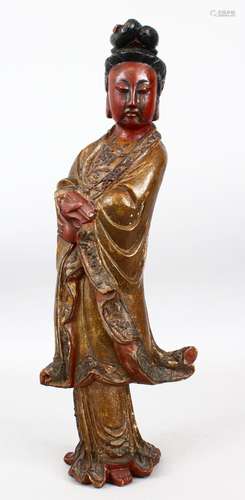 A GOOD 19TH CENTURY CHINESE CARVED WOOD & POLY CHROME DECORATED FIGURE OF GUANYIN, stood in