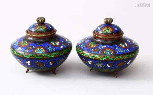 A PAIR OF 19TH / 20TH CENTURY CHINESE CLOISONNE LIDDED KORO, the body of the koro's decorated with a