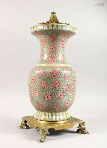 A 19TH CENTURY CHINESE FAMILLE ROSE PORCELAIN VASE / LAMP - ORMOLU MOUNTS, the vase decorated with