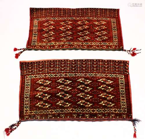 A GOOD PAIR OF PERSIAN FLOOR CARPET CUSHION COVERS with geometric design, each 120cm x 70cm