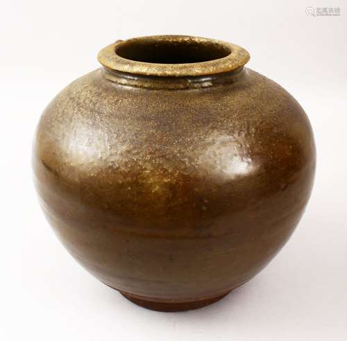 A GOOD CHINESE YUAN PERIOD POTTERY TEA DUST GLAZE JAR, with tea dust ground, an unglazed base