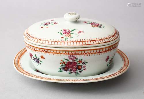 A GOOD 18TH CENTURY QIANLOING CHINESE FAMILLE ROSE PORCELAIN BUTTER DISH & COVER & STAND, the vessel