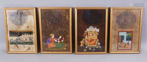 A SET OF FOUR FRAMED 19TH CENTURY INDIAN HAND PAINTED MUGHAL ART, each painting framed and with an