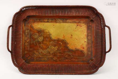 A JAPANESE 19TH / 20TH CENTURY WICKER & BRASS TRAY, the central brass tray with decoration of