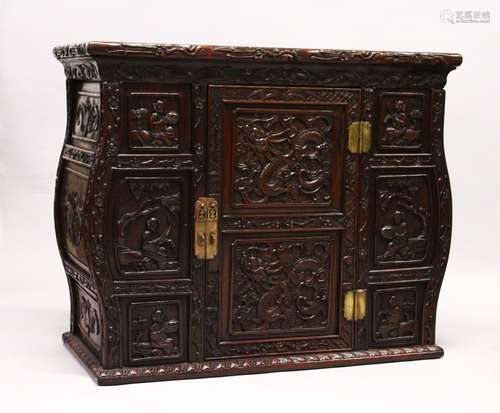 A GOOD 19TH CENTURY CHINESE CARVED HARDWOOD / HONGMU CABINET ON STAND, the cabinet with an opening