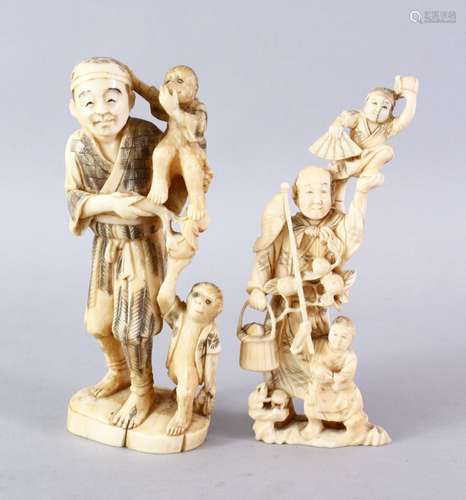 TWO JAPANESE MEIJI PERIOD CARVED ONE PIECE IVORY OKIMONOS, one carved to depict a fisherman and