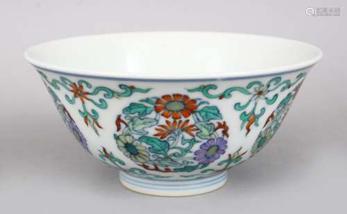 A CHINESE YONGZHENG STYLE DOUCAI PORCELAIN FLORAL BOWL, the body of the bowl decorated with